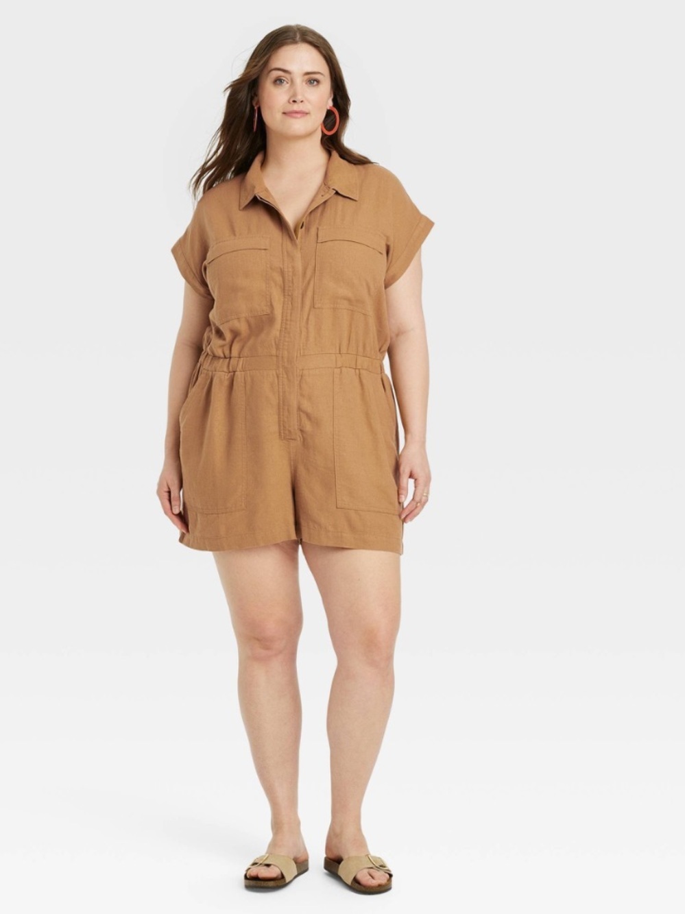 Universal Thread Short Sleeve Utility Romper - Camel Brown